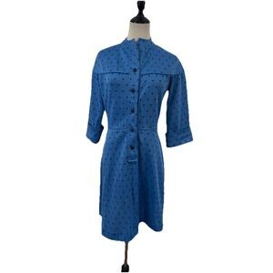Vtg 70s Blue Mod Mini Dress Geometric Print Sz M Boho Cottagecore Twee Western